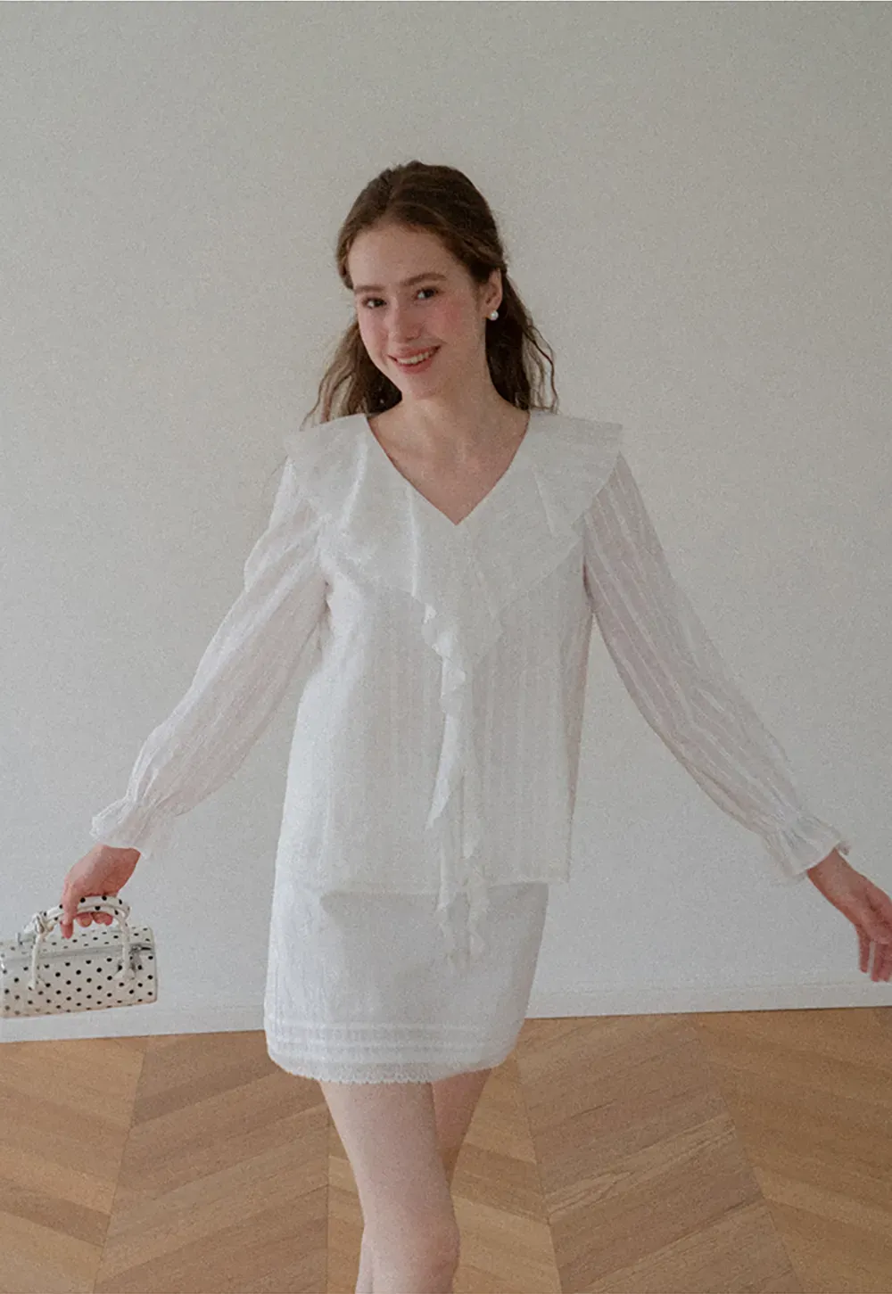 Ruffled Collar Tiered Sleeve Striped Shirt