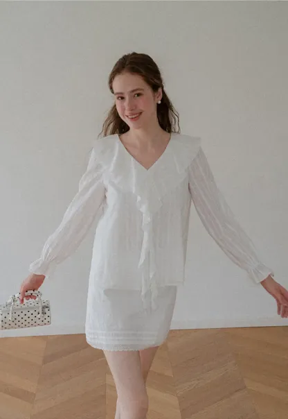 Ruffled Collar Tiered Sleeve Striped Shirt