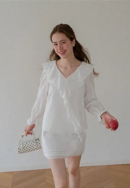 Ruffled Collar Tiered Sleeve Striped Shirt