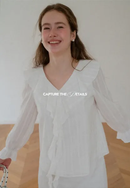 Ruffled Collar Tiered Sleeve Striped Shirt