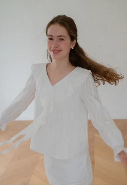 Ruffled Collar Tiered Sleeve Striped Shirt