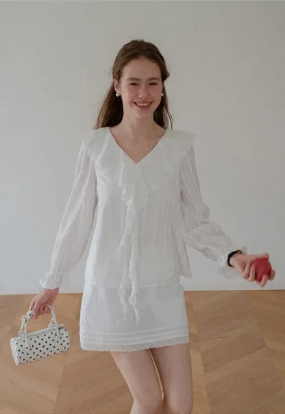 Ruffled Collar Tiered Sleeve Striped Shirt