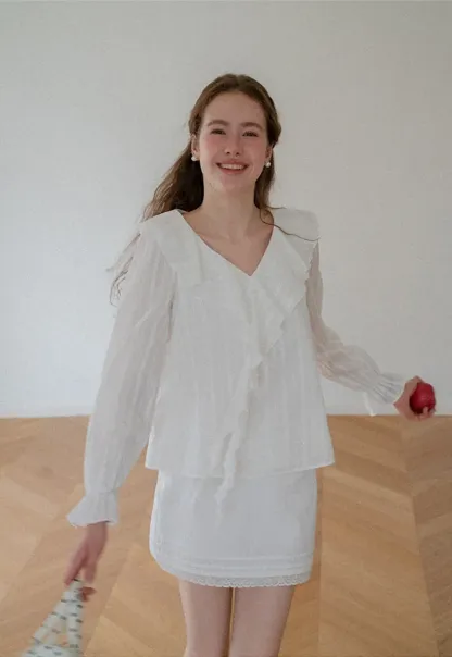 Ruffled Collar Tiered Sleeve Striped Shirt