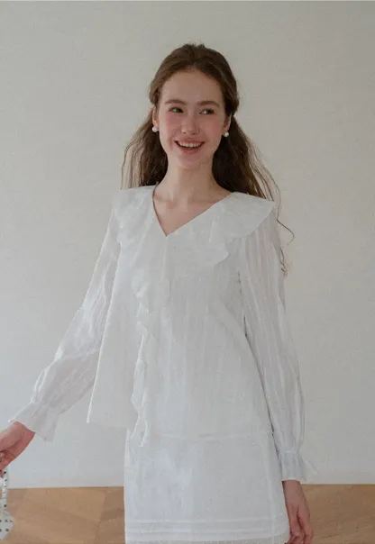Ruffled Collar Tiered Sleeve Striped Shirt