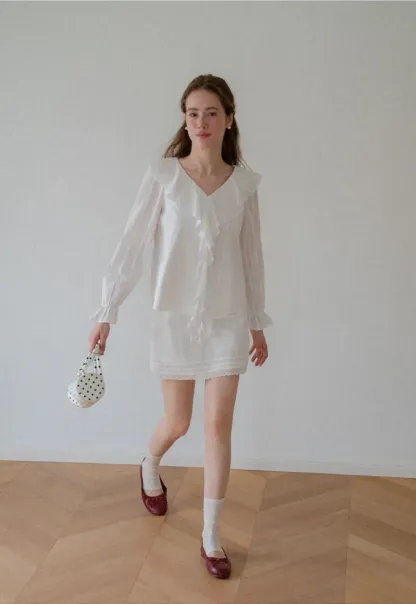 Ruffled Collar Tiered Sleeve Striped Shirt