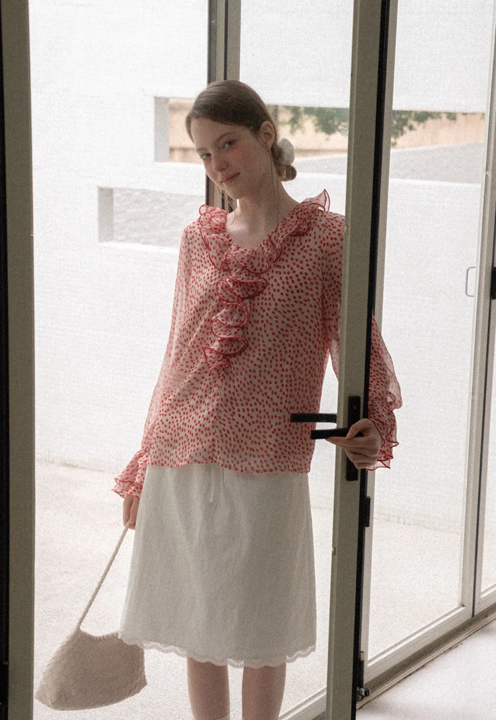 Ruffled Lace Trim Polka Dot Sheer Blouse