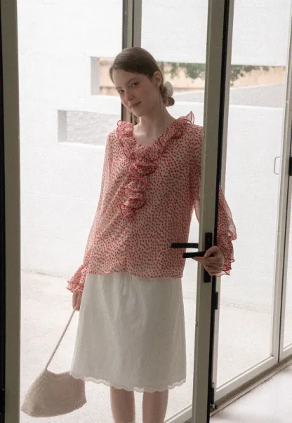 Ruffled Lace Trim Polka Dot Sheer Blouse