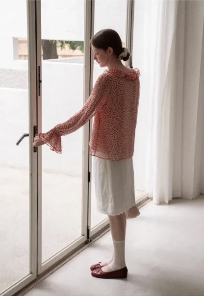 Ruffled Lace Trim Polka Dot Sheer Blouse