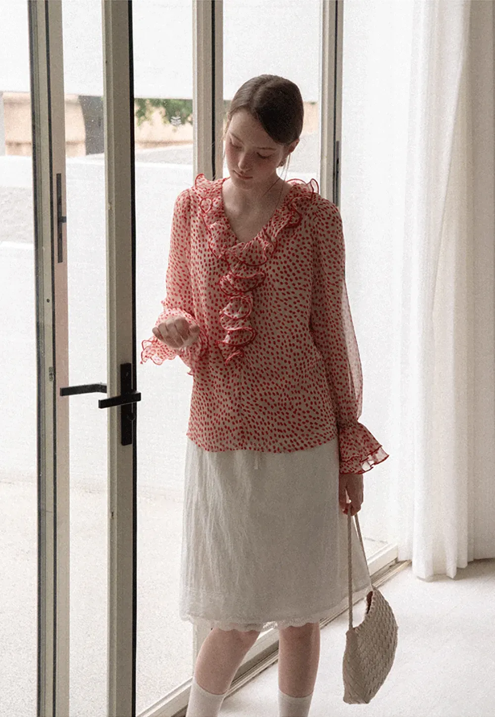 Ruffled Lace Trim Polka Dot Sheer Blouse