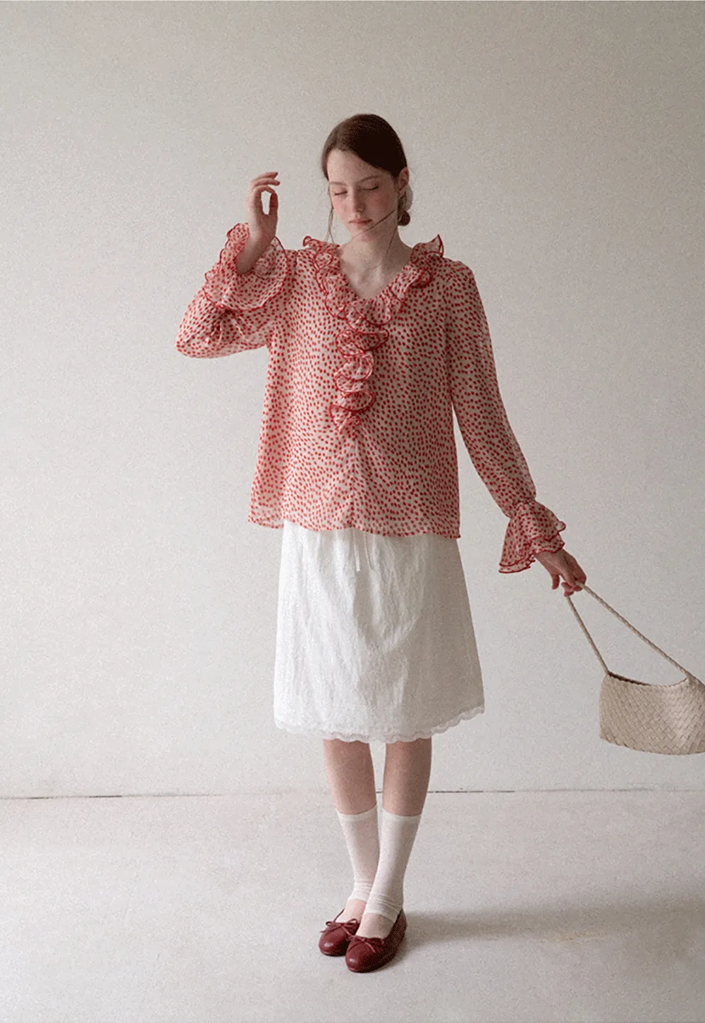 Ruffled Lace Trim Polka Dot Sheer Blouse