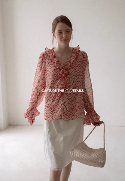 Ruffled Lace Trim Polka Dot Sheer Blouse