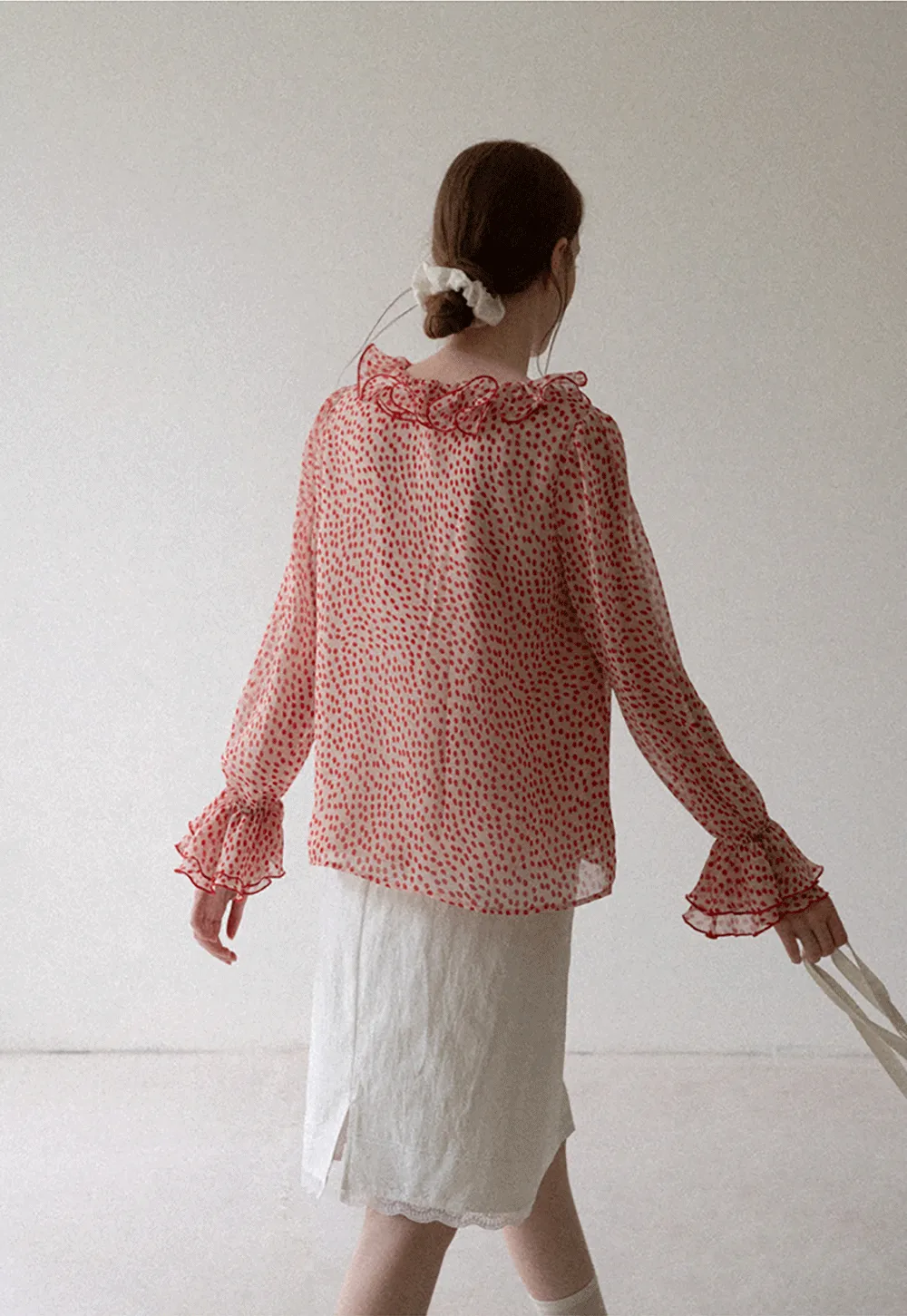 Ruffled Lace Trim Polka Dot Sheer Blouse