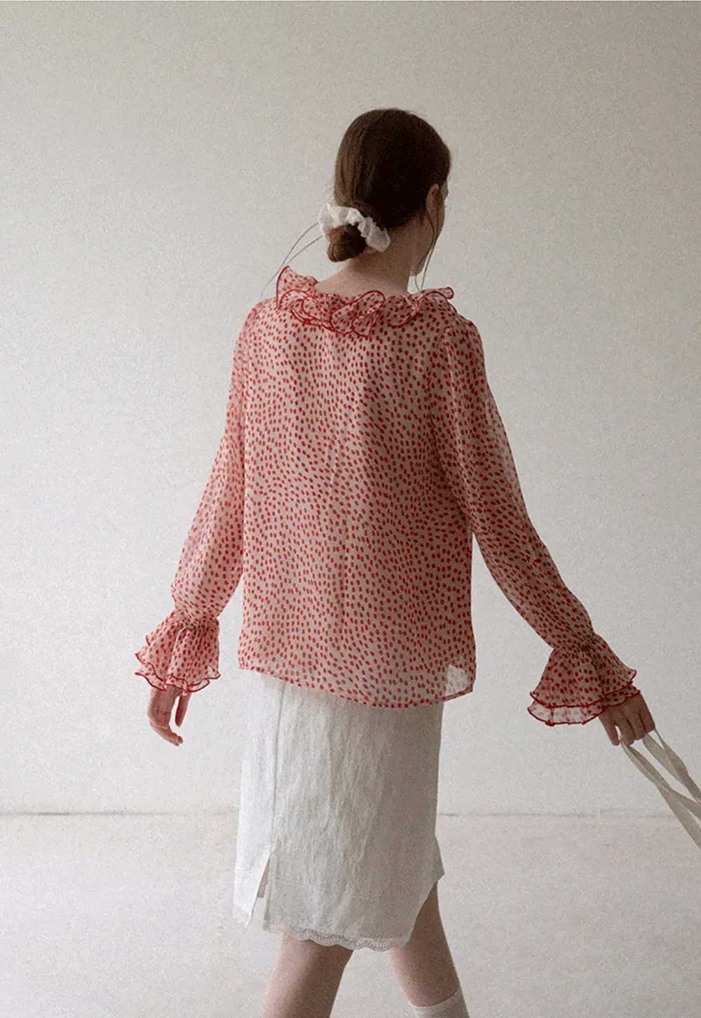 Ruffled Lace Trim Polka Dot Sheer Blouse
