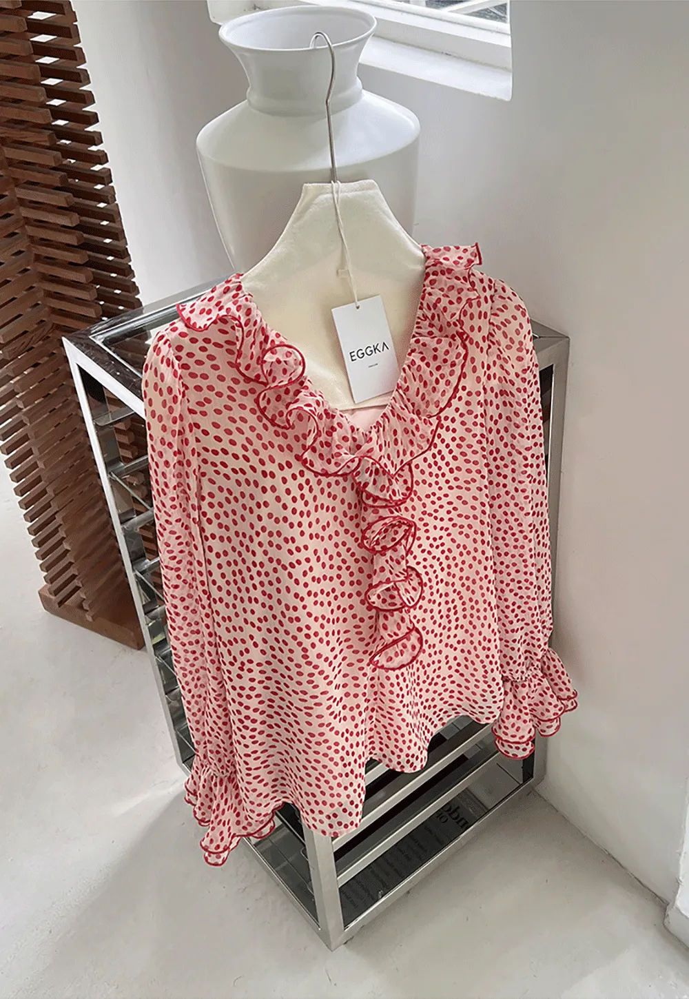Ruffled Lace Trim Polka Dot Sheer Blouse