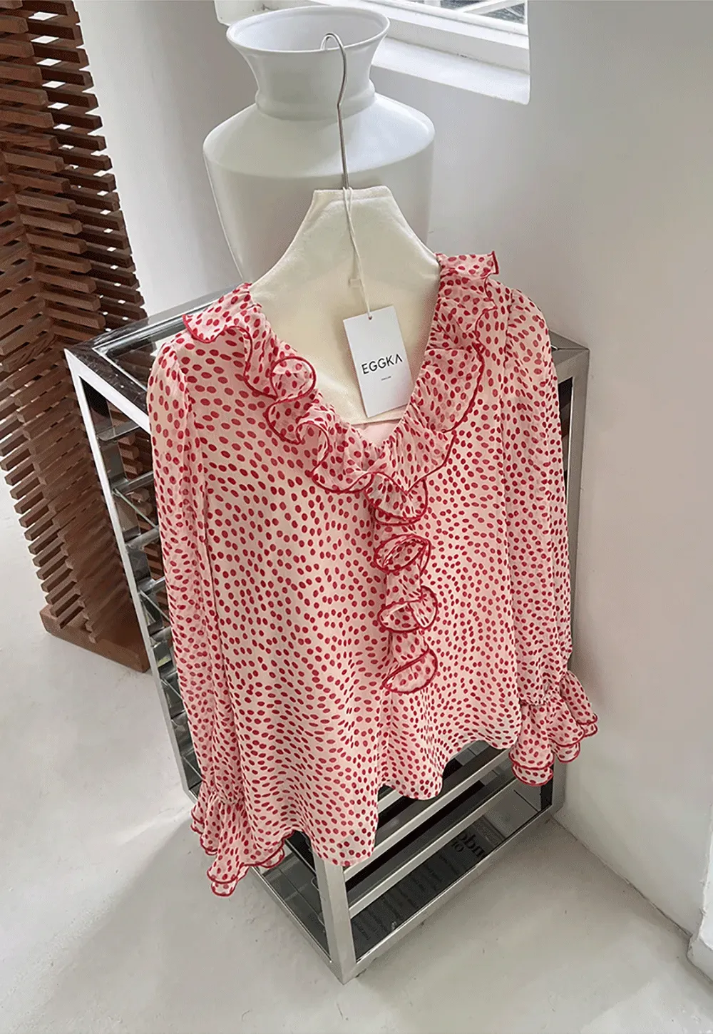 Ruffled Lace Trim Polka Dot Sheer Blouse