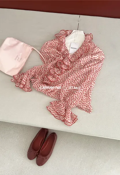 Ruffled Lace Trim Polka Dot Sheer Blouse