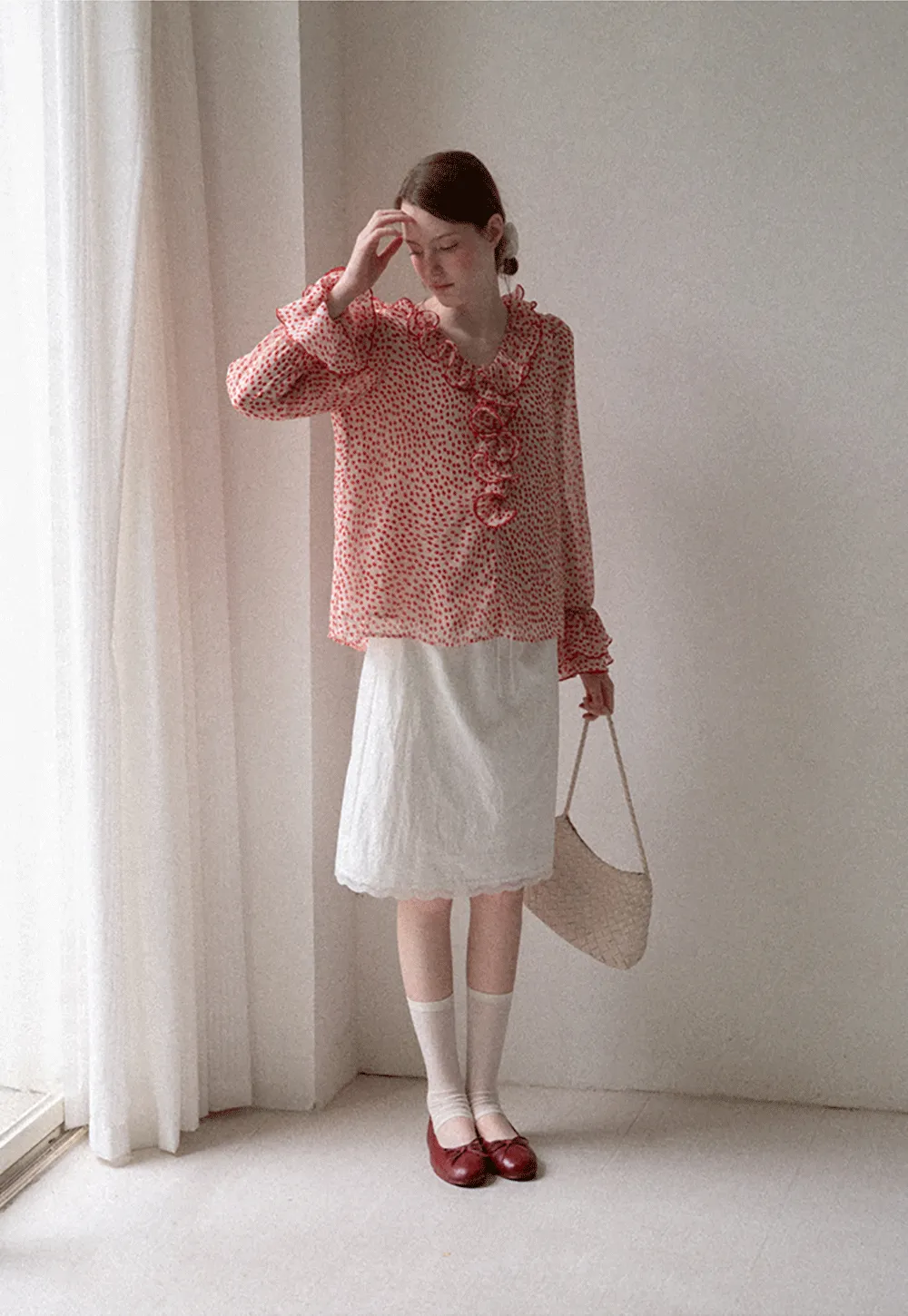 Ruffled Lace Trim Polka Dot Sheer Blouse