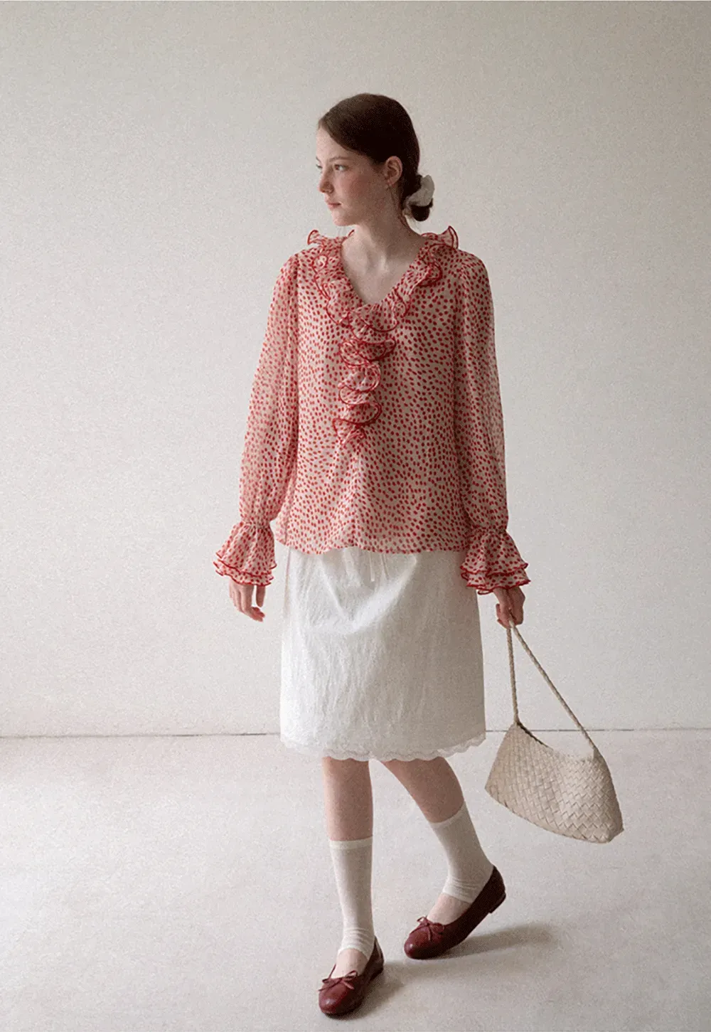 Ruffled Lace Trim Polka Dot Sheer Blouse