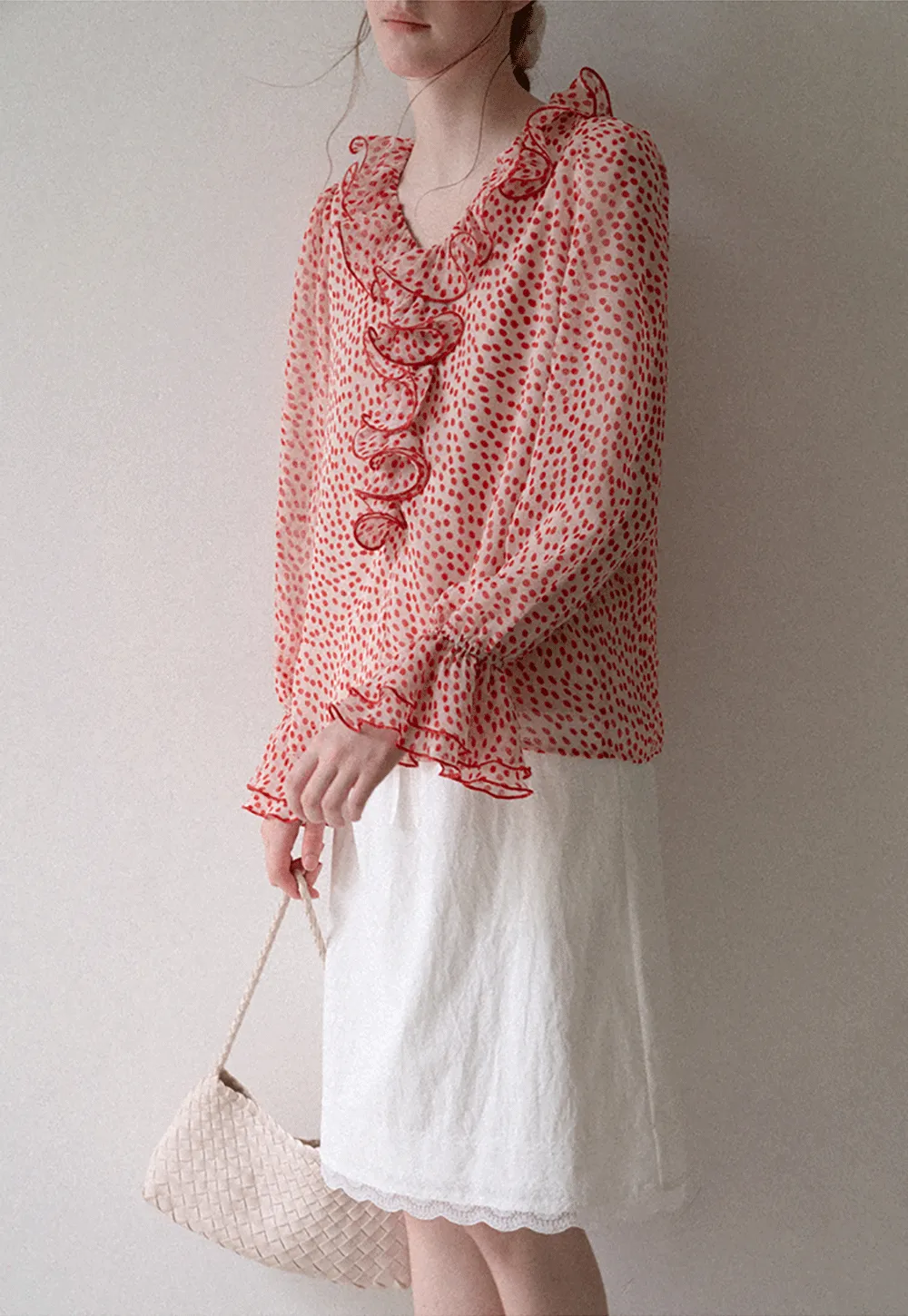 Ruffled Lace Trim Polka Dot Sheer Blouse