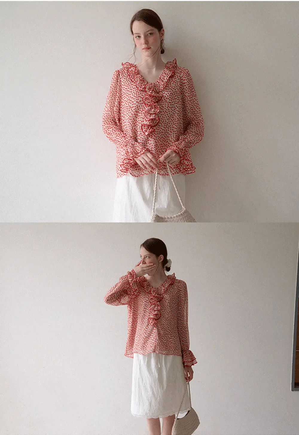 Ruffled Lace Trim Polka Dot Sheer Blouse