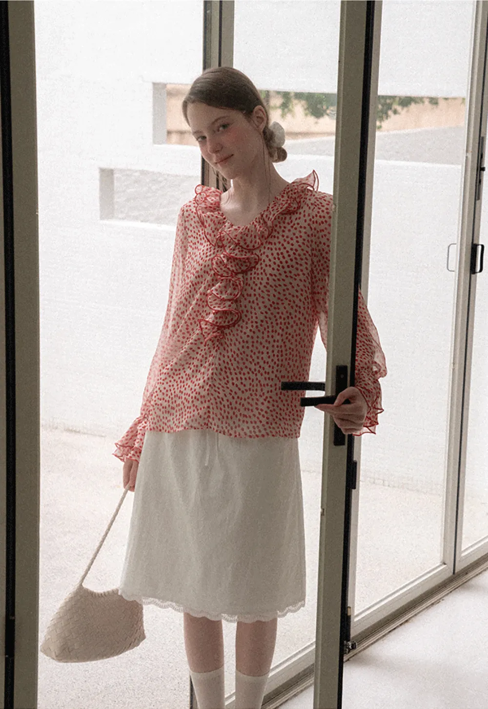 Ruffled Lace Trim Polka Dot Sheer Blouse