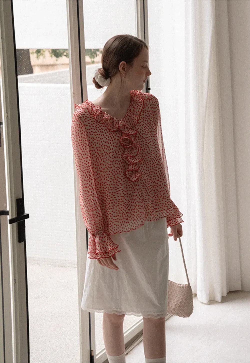 Ruffled Lace Trim Polka Dot Sheer Blouse