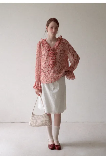 Ruffled Lace Trim Polka Dot Sheer Blouse