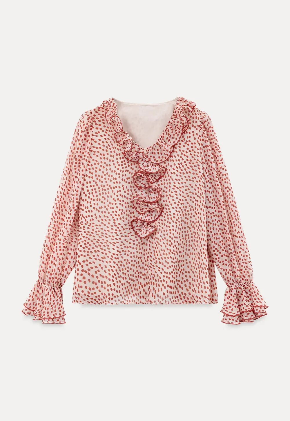 Ruffled Lace Trim Polka Dot Sheer Blouse