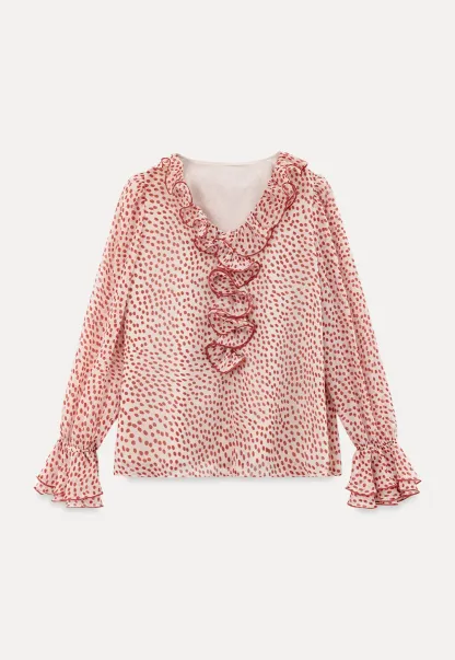 Ruffled Lace Trim Polka Dot Sheer Blouse