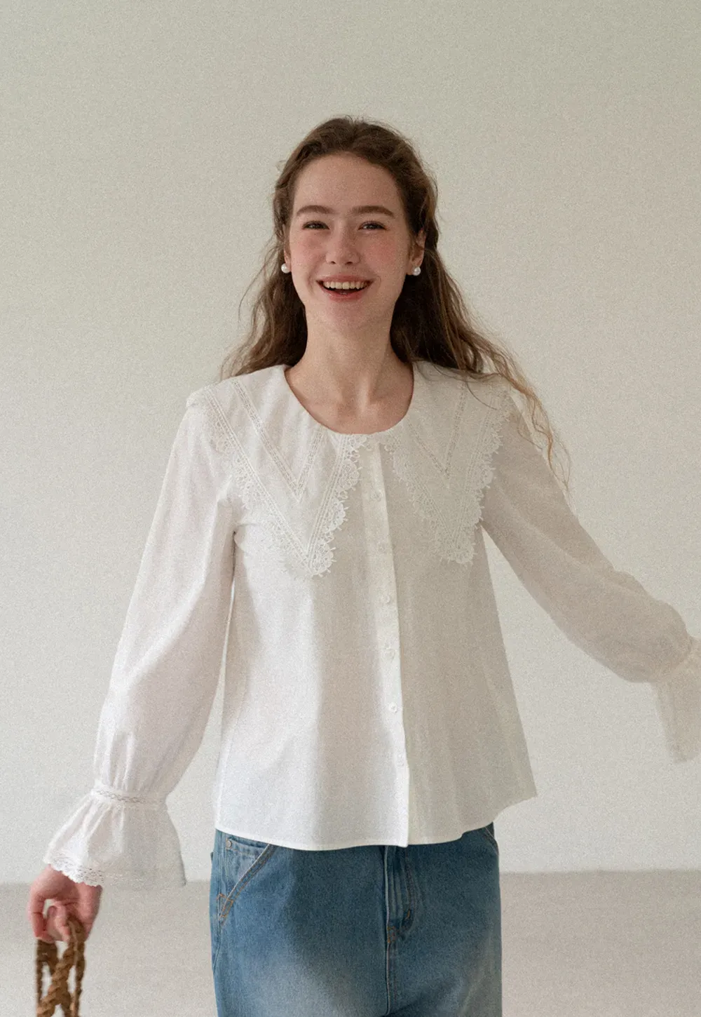 Lace Trim V Neck Button Up Shirt and Denim Skirt