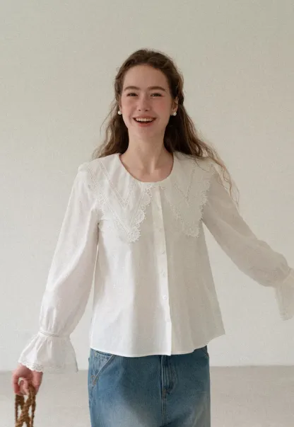 Lace Trim V Neck Button Up Shirt and Denim Skirt