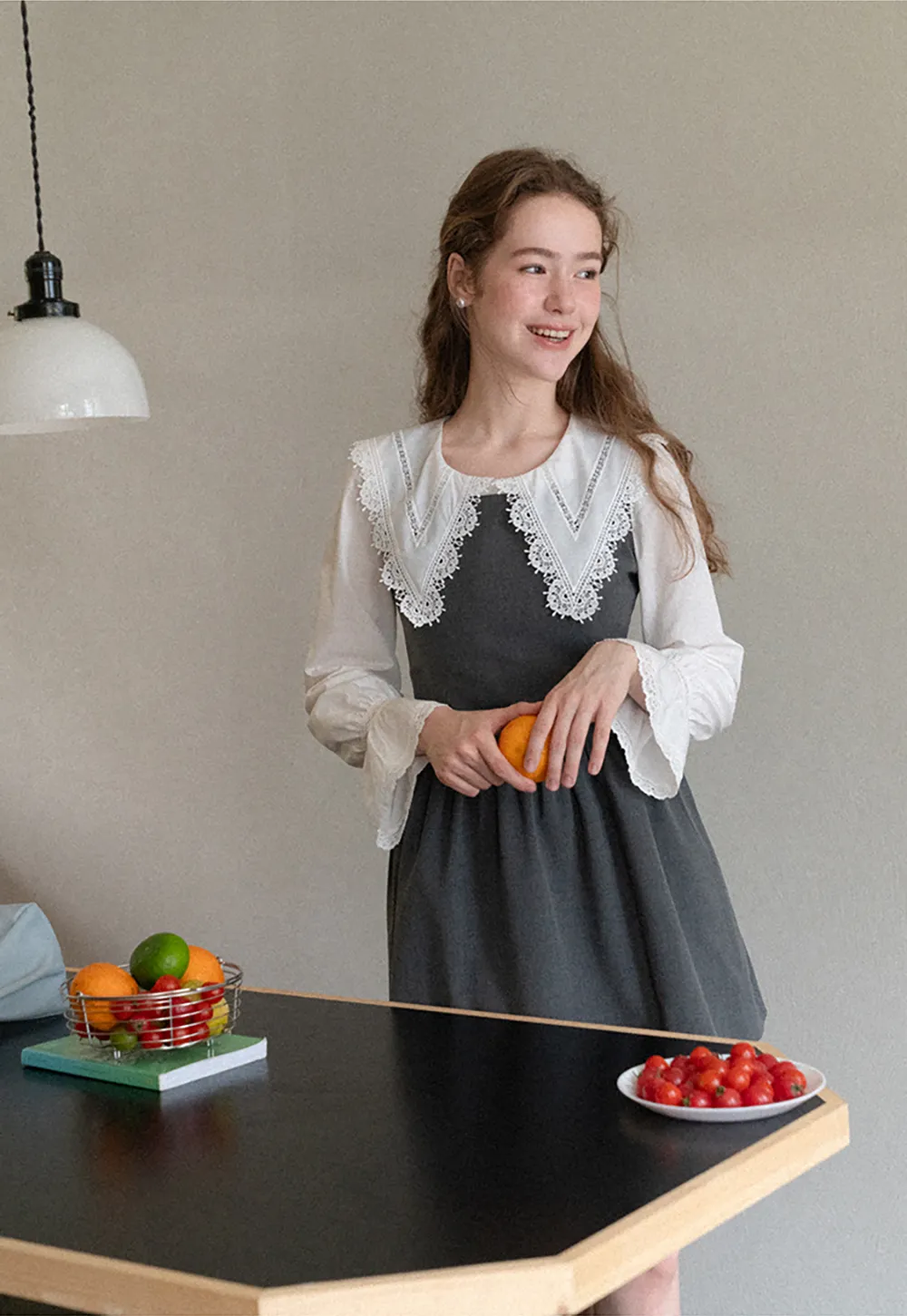 Lace Trim V Neck Button Up Shirt and Denim Skirt