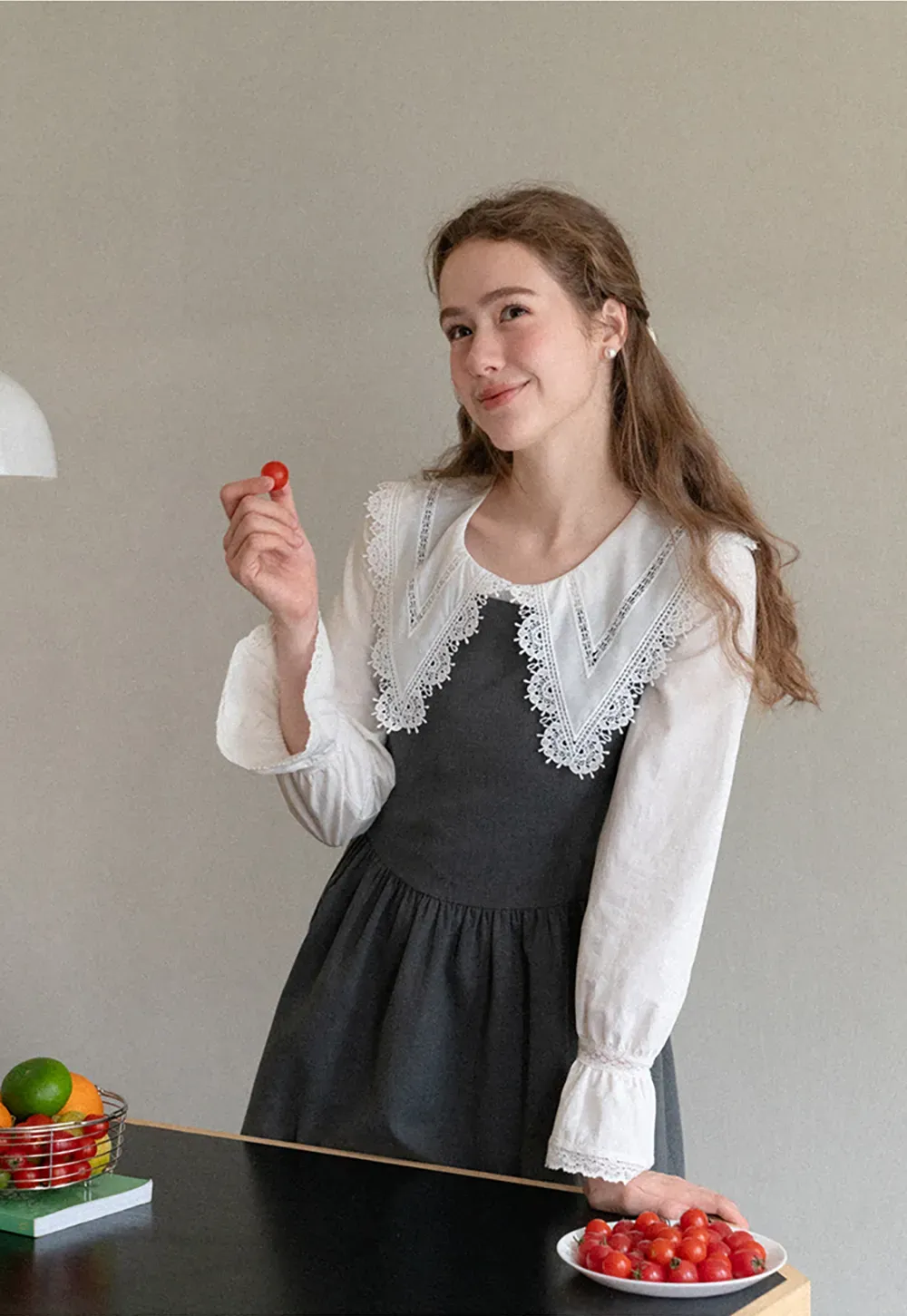 Lace Trim V Neck Button Up Shirt and Denim Skirt