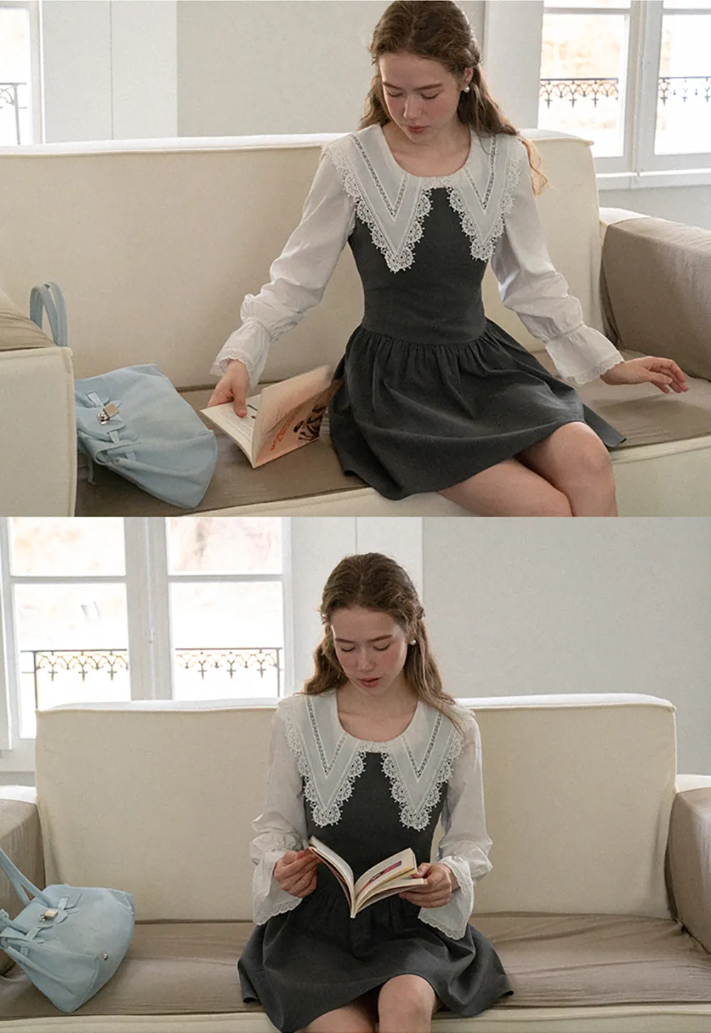 Lace Trim V Neck Button Up Shirt and Denim Skirt