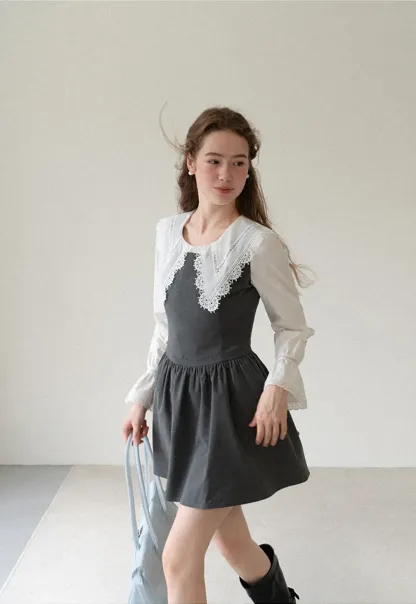 Lace Trim V Neck Button Up Shirt and Denim Skirt