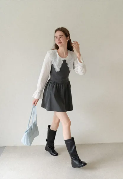 Lace Trim V Neck Button Up Shirt and Denim Skirt