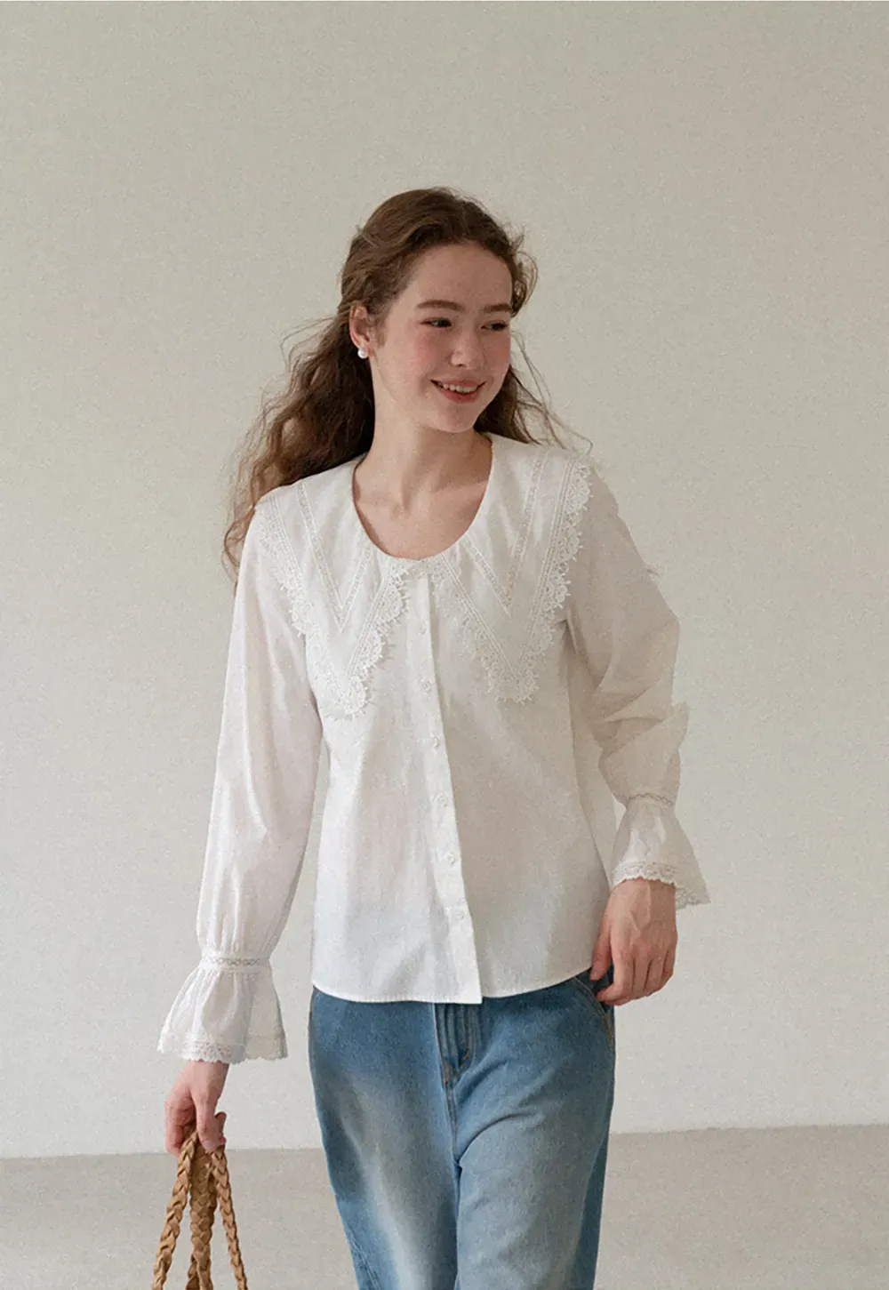 Lace Trim V Neck Button Up Shirt and Denim Skirt
