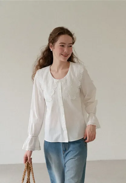 Lace Trim V Neck Button Up Shirt and Denim Skirt