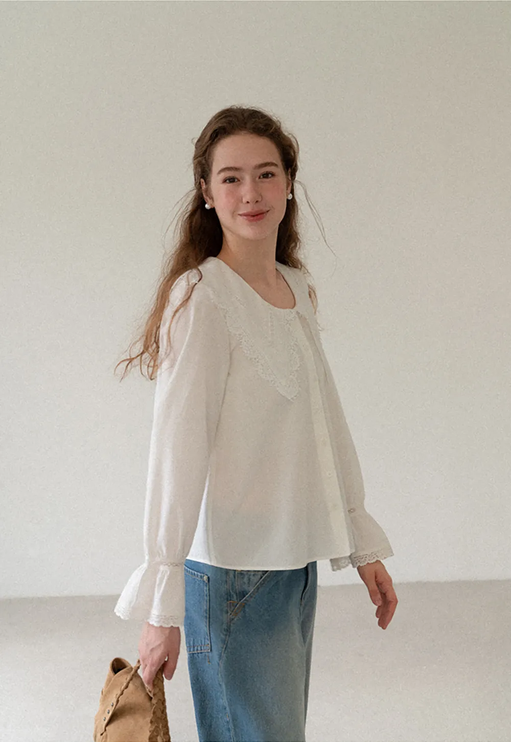Lace Trim V Neck Button Up Shirt and Denim Skirt