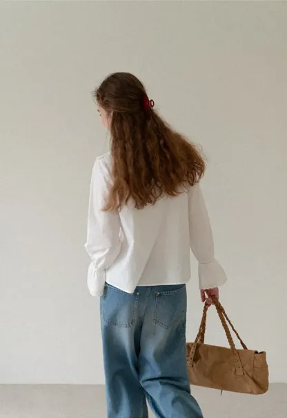 Lace Trim V Neck Button Up Shirt and Denim Skirt