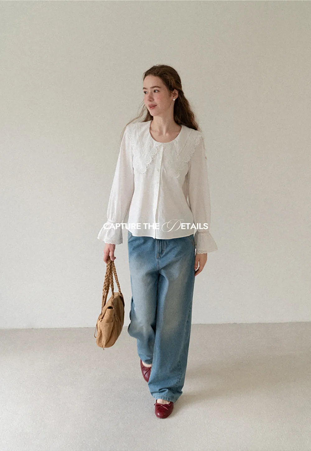 Lace Trim V Neck Button Up Shirt and Denim Skirt