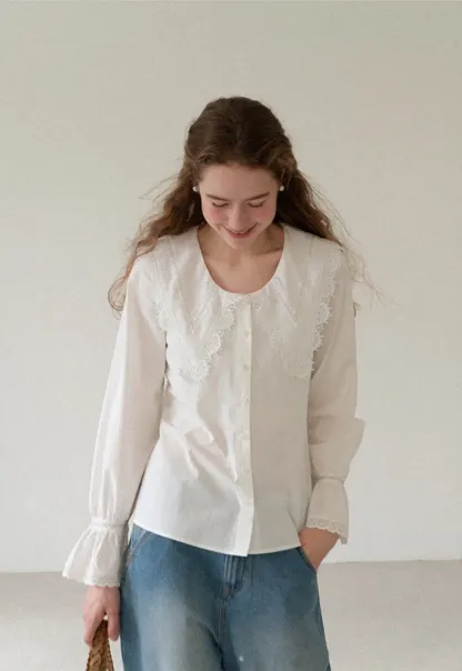 Lace Trim V Neck Button Up Shirt and Denim Skirt