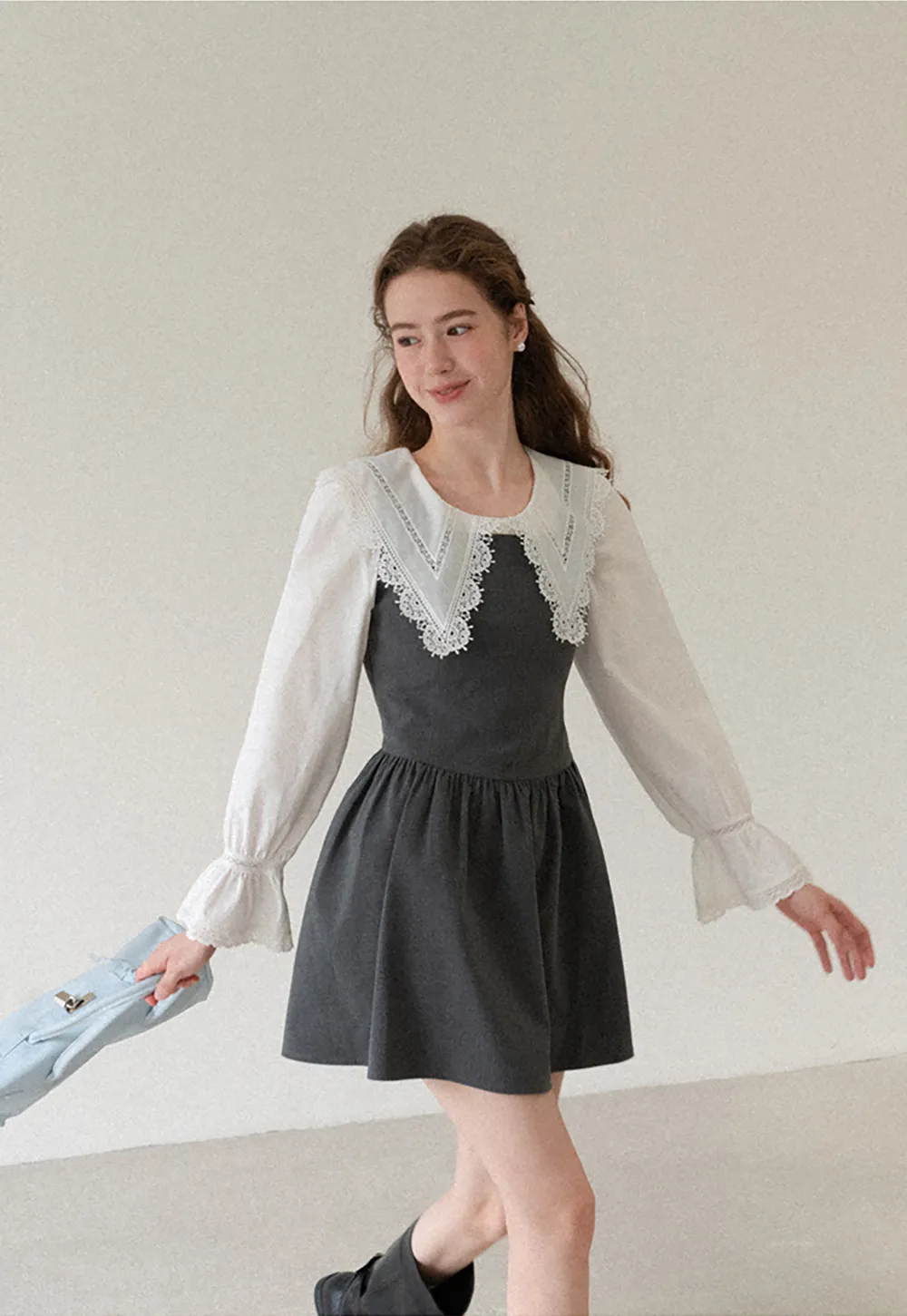 Lace Trim V Neck Button Up Shirt and Denim Skirt
