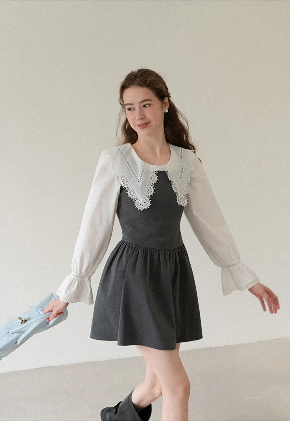 Lace Trim V Neck Button Up Shirt and Denim Skirt