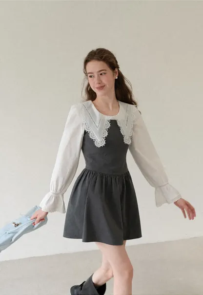 Lace Trim V Neck Button Up Shirt and Denim Skirt
