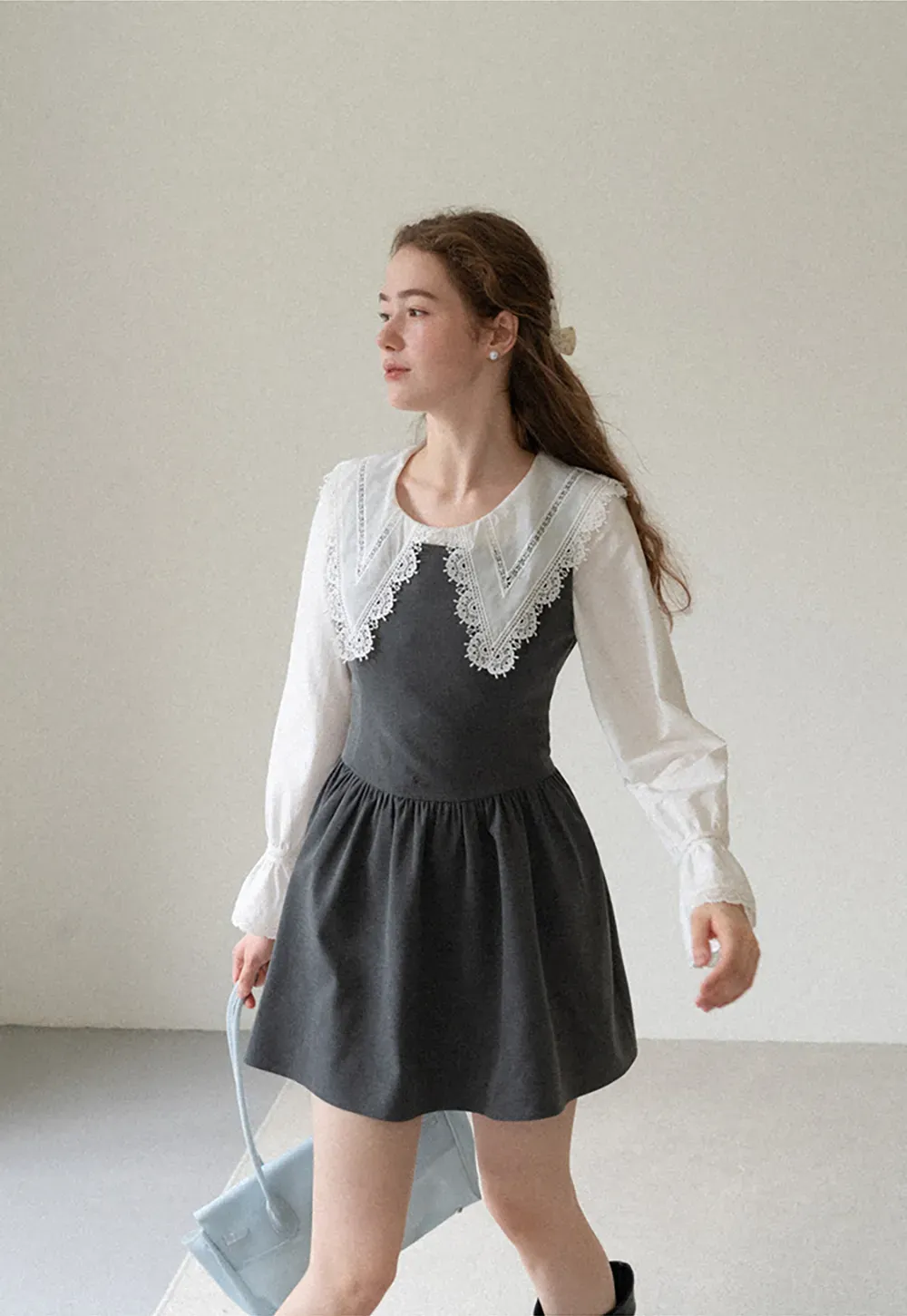 Lace Trim V Neck Button Up Shirt and Denim Skirt