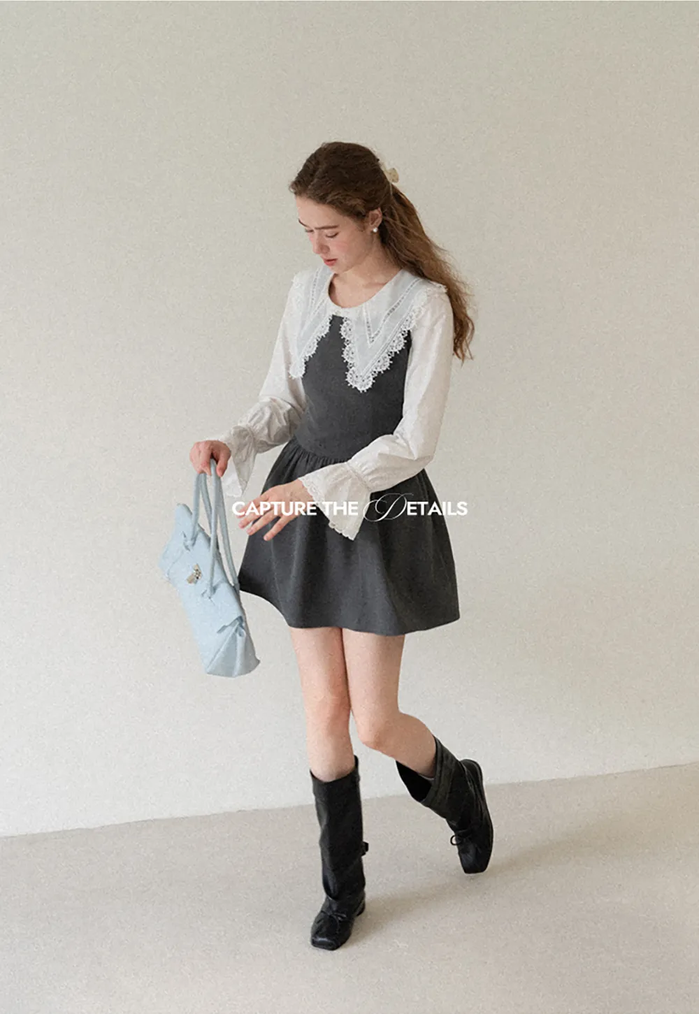 Lace Trim V Neck Button Up Shirt and Denim Skirt