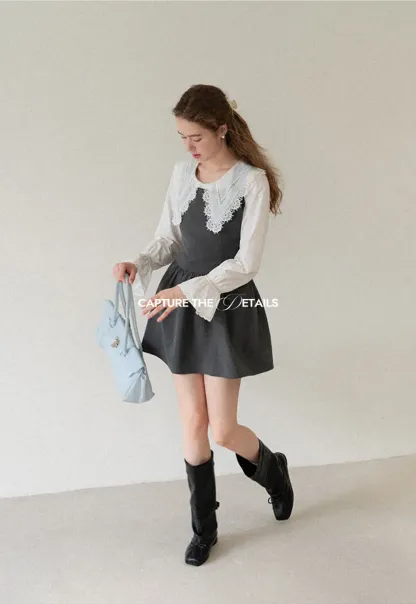 Lace Trim V Neck Button Up Shirt and Denim Skirt
