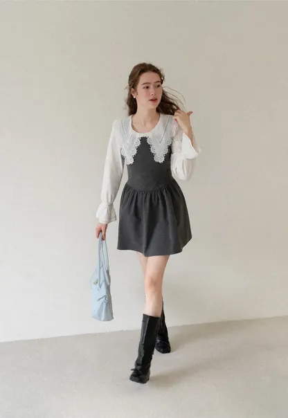 Lace Trim V Neck Button Up Shirt and Denim Skirt