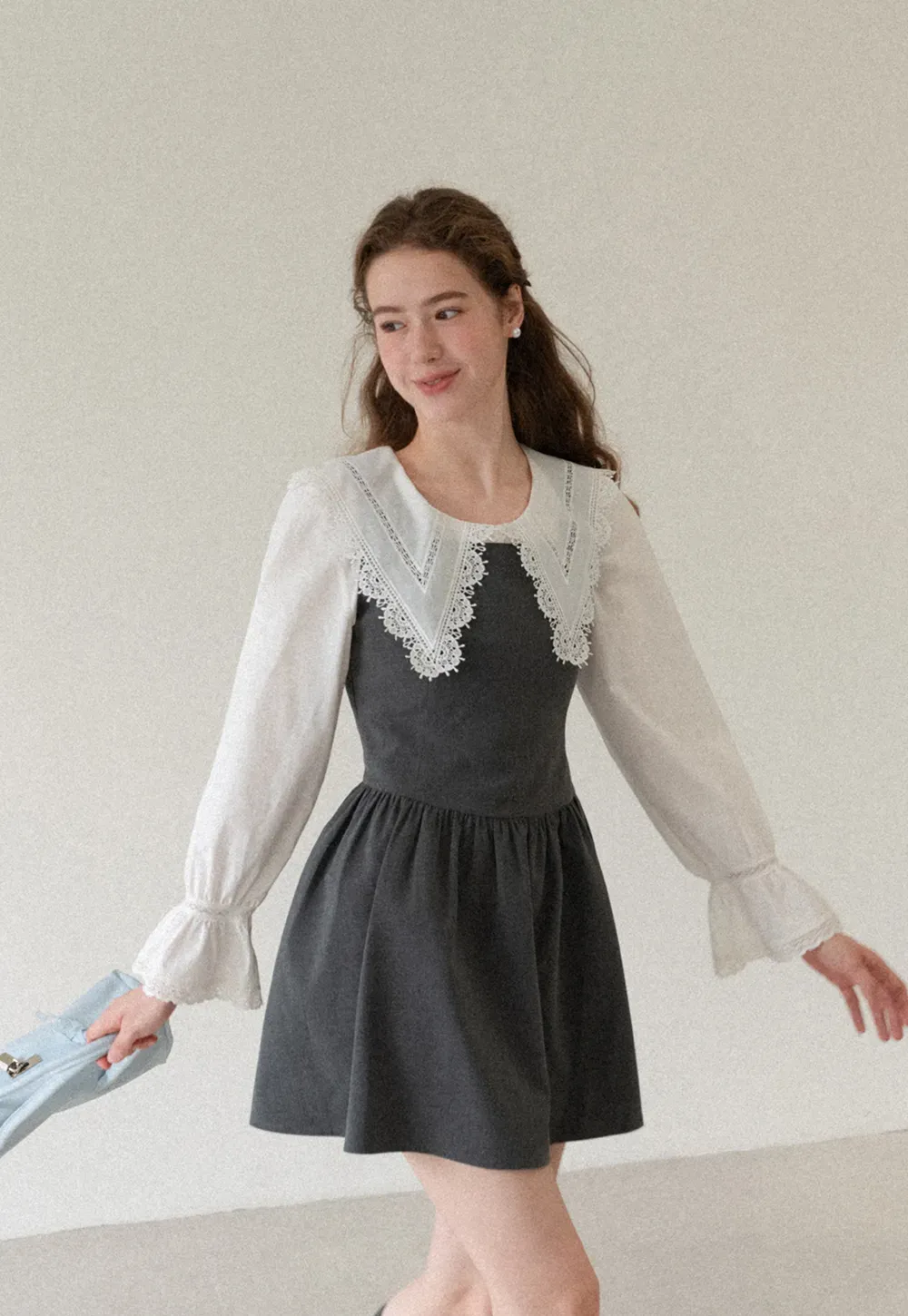 Lace Trim V Neck Button Up Shirt and Denim Skirt